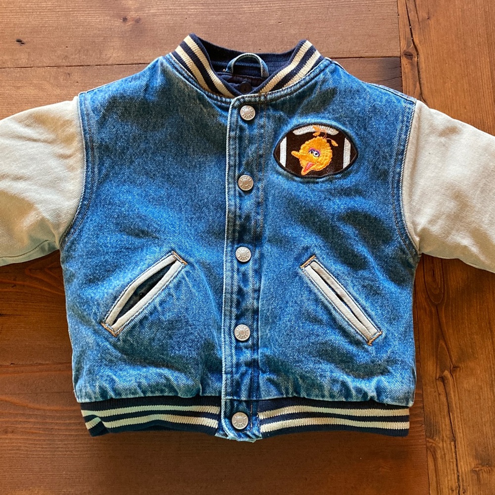 Rare Sesame Street Big Bird Denim Bomber Jacket Heavy Quilted Lining 100% Cotton